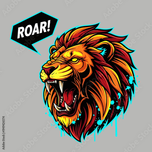 Roaring Lion Head with Open Mouth.