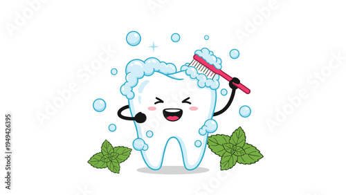 Happy cartoon tooth character brushes itself with a pink toothbrush and minty white foam next to fresh green mint leaves.
