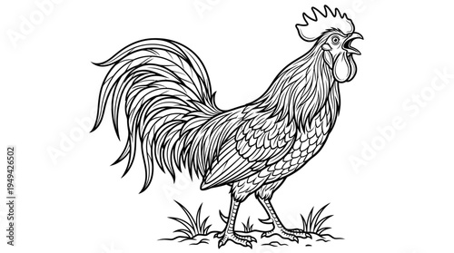 Rooster standing on the ground proudly.