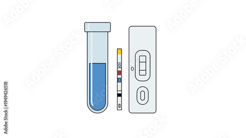 Clinical laboratory equipment for diagnostic testing including a blue liquid test tube, a test strip, and a cassette.