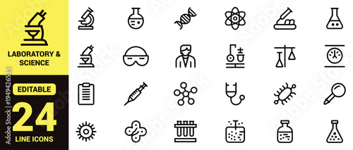 Science and laboratory icon set with chemistry tools, research equipment, biology elements, molecular structures, and high‑ranking scientific illustration components in clean modern line‑art