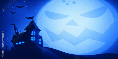 Scary silhouette of a haunted castle building and dark home under a moonlit Halloween night sky with bats, stars, and architectural trees in a cartoon vector illustration landscape