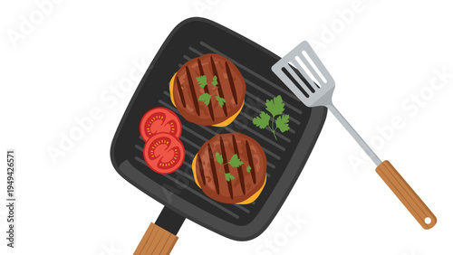 Grilled beef burger patties cooking on a black square cast iron grill pan with fresh tomato slices and parsley garnish.