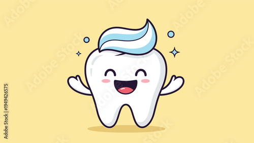 Happy cartoon tooth character with a swirl of mint toothpaste on its head celebrating oral hygiene and dental health.