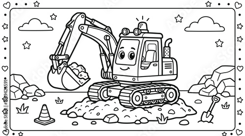 Smiling cartoon excavator machine digs earth.