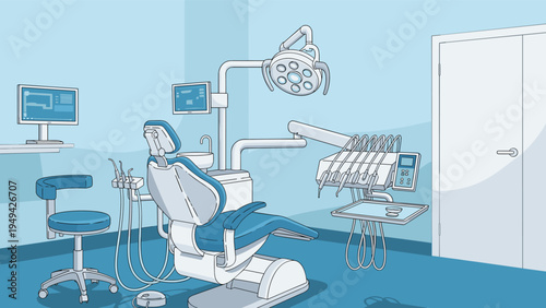 Interior of a modern professional dental office featuring a medical chair, high tech equipment, and advanced treatment tools.