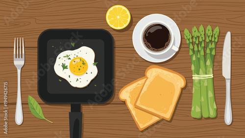 Healthy breakfast set on a wooden table featuring a fried egg in a pan, toast, coffee, asparagus, and a fresh lemon slice.