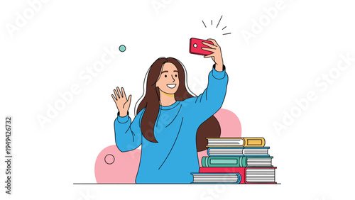 Young smiling woman wearing a blue sweater taking a selfie with her smartphone while standing next to a stack of colorful books.