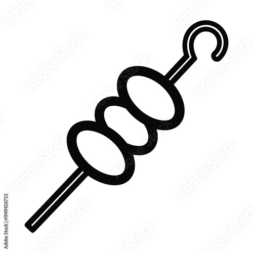 Simple icon of food on a skewer, black and white outline, isolated on white.