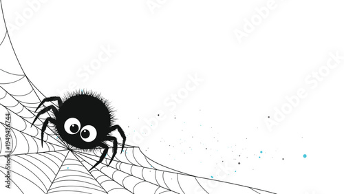 Adorable small black spider with big eyes resting on a delicate white spider web corner against a clean white background.