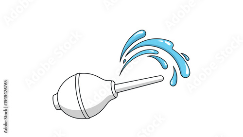 White medical enema bulb or rubber syringe with blue water splashes illustrating clinical hygiene and medical procedures.