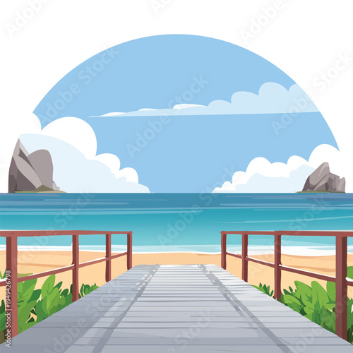 Wooden pier leading to sandy beach under clear sky coastal scenery