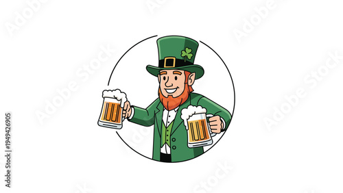 Happy cartoon Leprechaun character wearing a green hat and holding two mugs of frothy beer for St. Patrick's Day celebration.