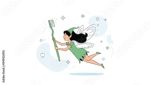 Enchanting tooth fairy with wings flying and holding a large green toothbrush to encourage children's oral hygiene habits.