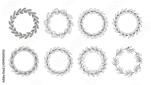 Collection of eight diverse hand drawn floral wreaths with various leaf and berry designs for decorative frames and borders.