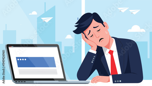 Exhausted businessman in a suit leaning on his hand at a desk with a laptop in a modern city office setting with skyscrapers.