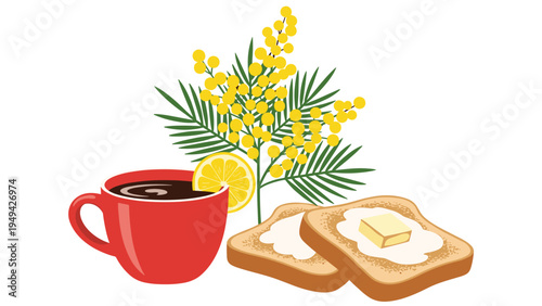 Cozy breakfast scene with a red cup of coffee, buttered toast slices, a lemon wedge, and a yellow mimosa flower branch.