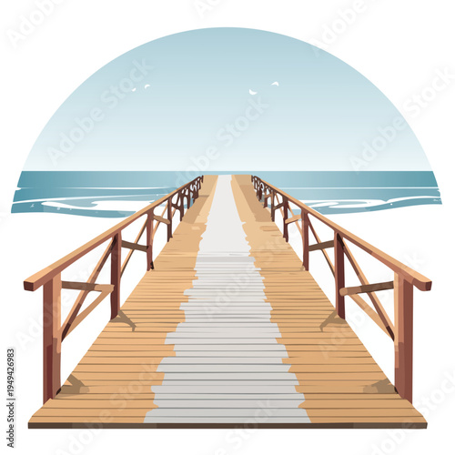 Wooden pier extending towards the ocean under a clear sky vector illustration