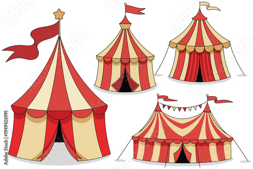Circus Tent Vector Cartoon Flat Icon Set, Classic Carnival Big Top Tent Illustrations Isolated on White Background, Retro Amusement Festival Symbols for Posters, Stickers, Kids Design, and Branding