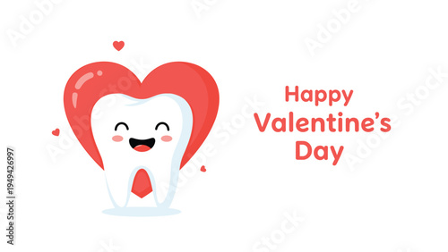 Happy cartoon tooth character with a red heart background celebrating Valentine's Day and the importance of loving dental health.