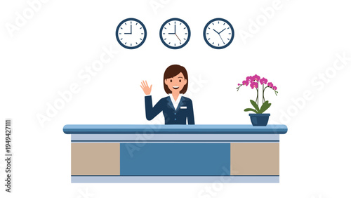 Friendly receptionist waving from a blue office desk in a lobby with clocks showing different time zones and an orchid.