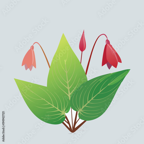 Stylized illustration of vibrant green leaves and red bell shaped flowers
