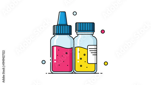 Two glass medicine bottles with yellow and red liquids and colorful bubbles representing pharmaceutical research and treatment.