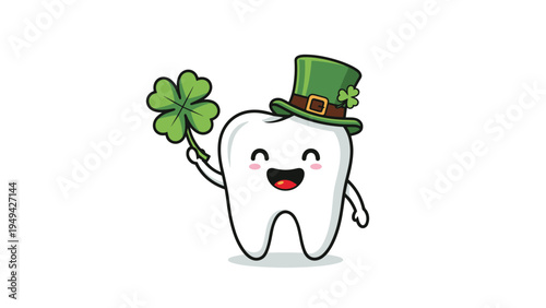 Happy cartoon tooth character wearing a green Leprechaun hat and holding a four-leaf clover for St. Patrick's Day luck.