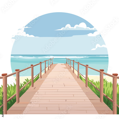 Wooden pier leading to the ocean under a bright sky with clouds vector illustration