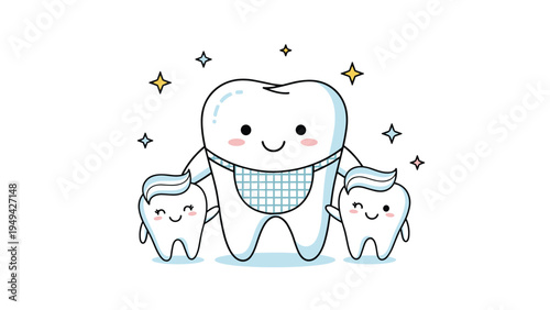 Happy cartoon tooth family with parents and two children celebrating dental health and importance of regular checkups.