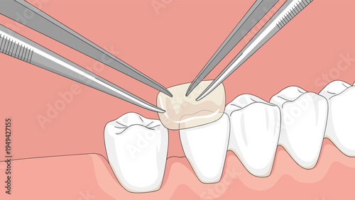Close up illustration of dental tweezers placing a porcelain crown onto a prepared tooth for restoration and oral health.