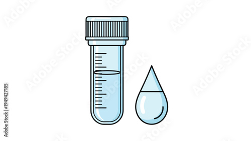 Medical test tube with blue liquid and a large water drop symbolizing laboratory research and clinical analysis for health diagnostics.