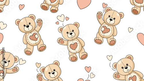 Seamless pattern featuring cute light brown teddy bears with heart patches and small floating pink hearts on a plain white background.