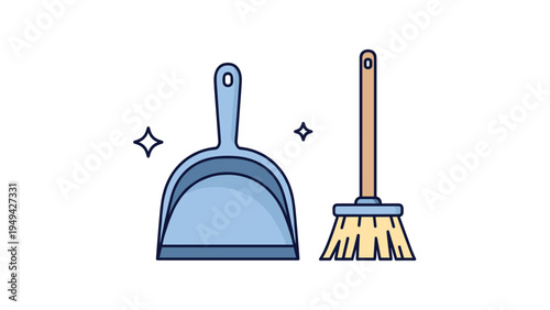 Blue plastic dustpan and a traditional wooden broom with bristles used for household cleaning and sweeping tasks on a white background.