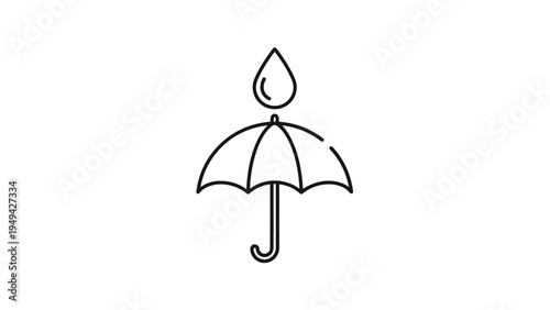 Minimalist black outline of a small umbrella with a single water drop on top representing rain protection and waterproof concept.