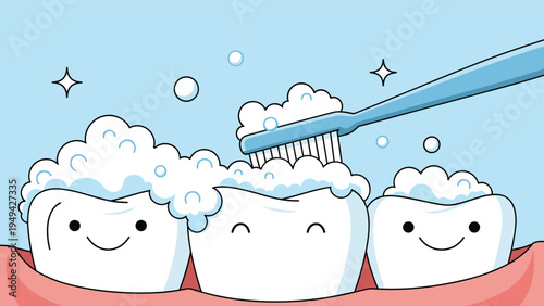 Group of three happy cartoon teeth characters being brushed with a blue toothbrush and lots of white bubbly toothpaste foam.
