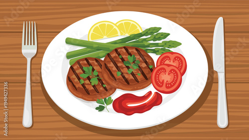 Delicious dinner plate with two grilled meat steaks served with fresh green asparagus red tomato slices and lemon wedges on wood.