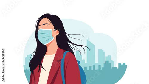 Young woman with long dark hair wearing a protective face mask and red coat walking in front of a city skyline with blue sky.