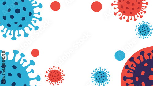 Scientific illustration of multiple colorful virus cells of different sizes spreading across a clean white background for health alert.