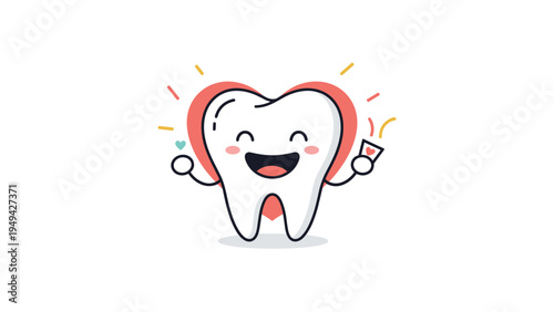 Joyful cartoon tooth character with a large red heart behind it and colorful confetti celebrating great dental health and hygiene.