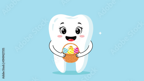Happy cartoon tooth character holding a small brown wicker basket filled with colorful decorated Easter eggs on a blue background.
