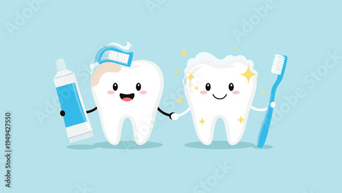 Two happy cartoon teeth characters holding hands one being brushed with toothpaste and the other clean and sparkling with stars.