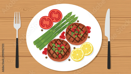 Gourmet dinner plate with two grilled steaks fresh green asparagus spears tomato slices and lemon wedges on a wooden table.