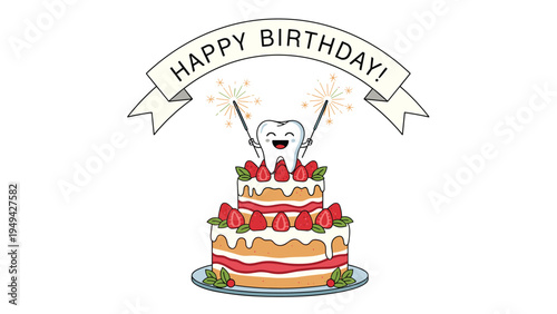 Joyful cartoon tooth character holding sparklers on top of a delicious two-tier strawberry birthday cake with Happy Birthday banner.