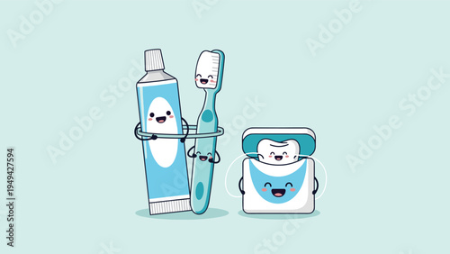 Set of cute smiling cartoon characters representing dental hygiene tools including blue toothpaste a toothbrush and dental floss.
