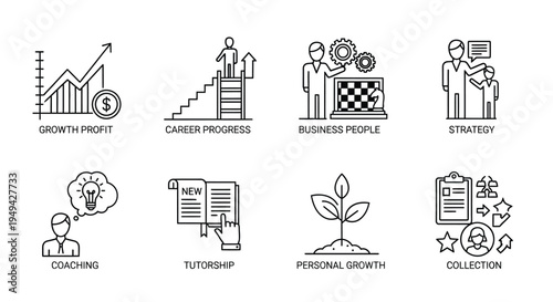 Business and personal development icons depicting growth strategy and career