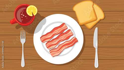 Delicious breakfast from above featuring crispy fried bacon strips two slices of toast and a cup of tea with lemon on wood.