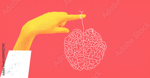 A human doctor hand with a abstract brain on a colored background. Collage art. Psychologists hand cradling a brain