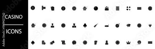 Collection of black and white glyph icons representing various casino and gambling games