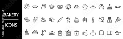 Collection of simple black and white line art icons representing various bakery items.